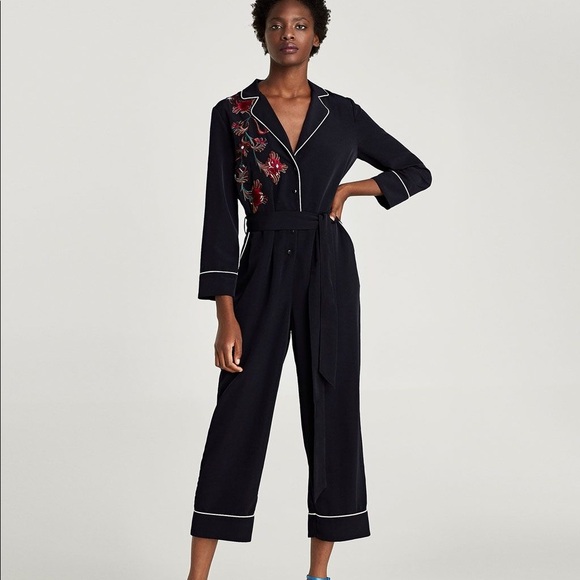 ZARA Embroidered Cropped Pantsuit Jumpsuit - Picture 1 of 8